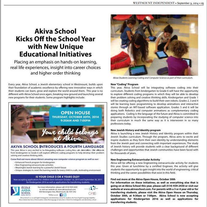 Akiva kicks off the year with unique educational initiatives.. read about it in the Westmount Independent