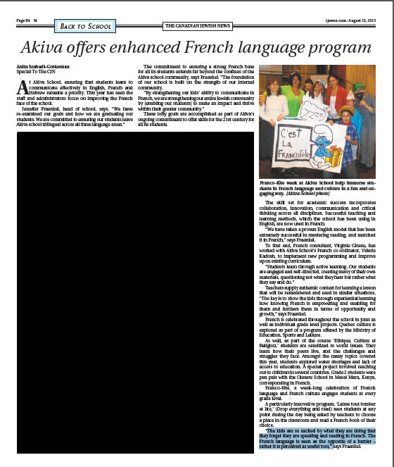 Akiva Offers Enhanced French Program – Article in Canadian Jewish News