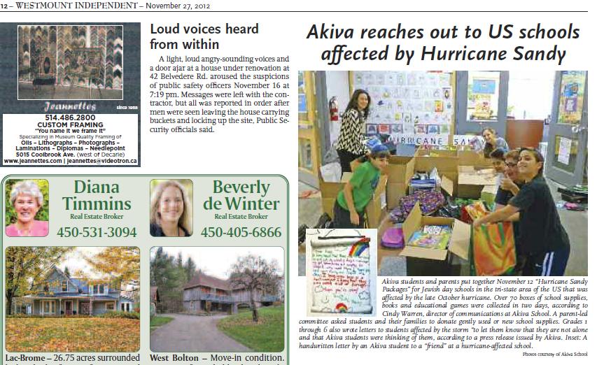 Akiva Hurricane Sandy efforts featured in The Westmount Independent