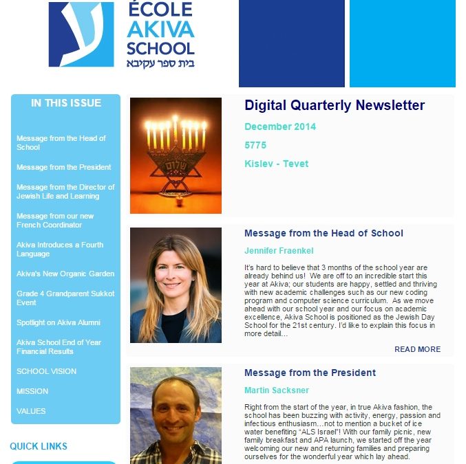 Akiva School Quarterly Digital Newsletter – December 2014