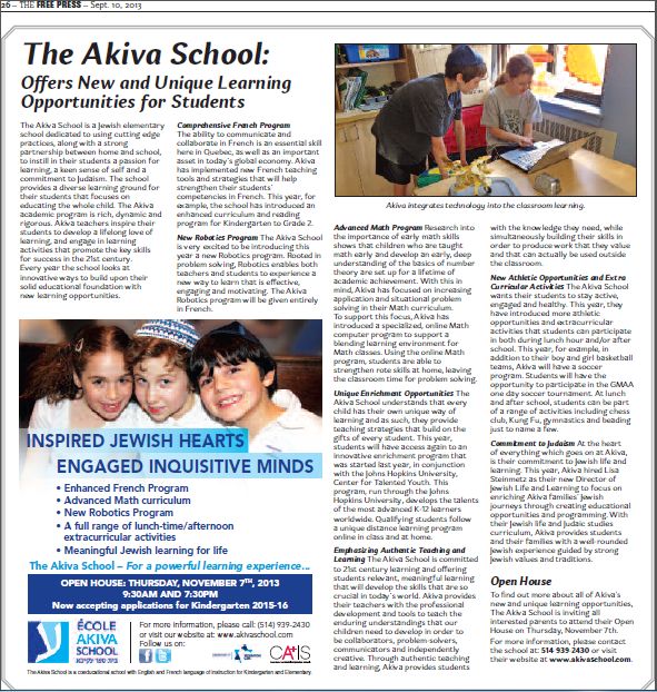 Akiva Offers New and Unique Learning Opportunities – Article in the “Free Press”